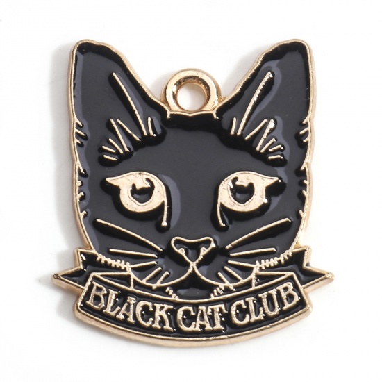 Bild von Zinklegierung Halloween Charms Vergoldet Schwarz Katze Emaille 24mm x 21mm, 10 Stück