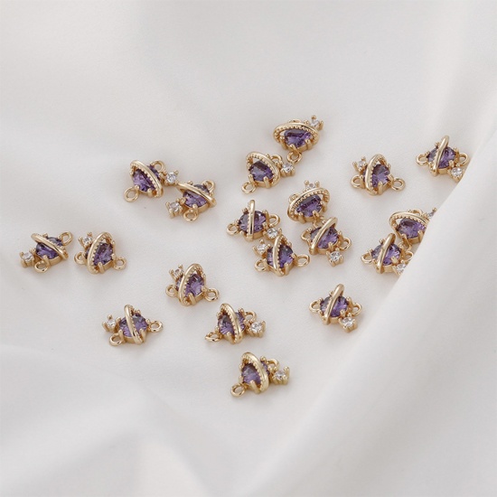 Picture of Brass Galaxy Connectors Charms Pendants Gold Plated Planet Purple Cubic Zirconia 11mm x 8mm, 2 PCs                                                                                                                                                            