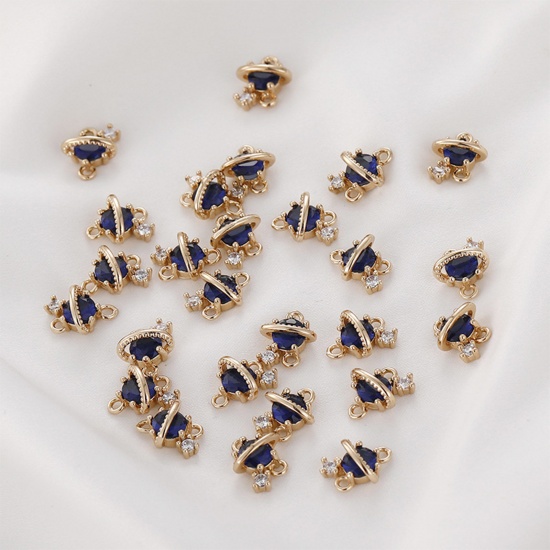 Immagine di Ottone Galassia Pendenti Charms Connettori Oro Placcato Pianeta Blu Scuro Cubic Zirconiae 11mm x 8mm, 2 Pz                                                                                                                                                    