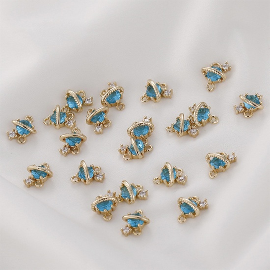Picture of Brass Galaxy Connectors Charms Pendants Gold Plated Planet Blue Cubic Zirconia 11mm x 8mm, 2 PCs                                                                                                                                                              