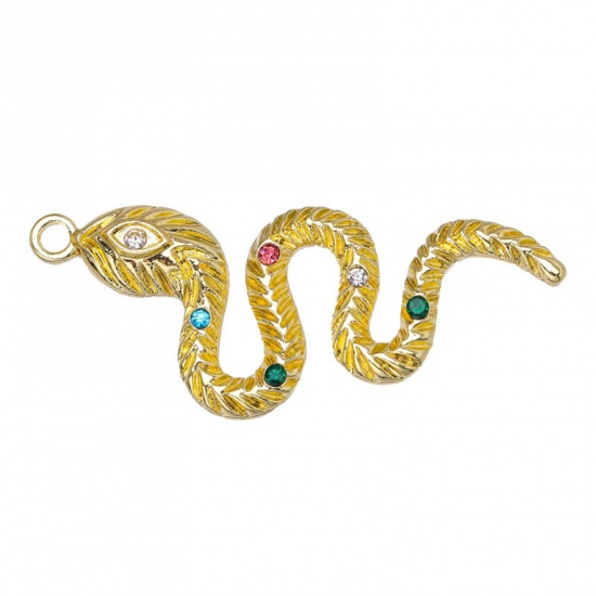 Picture of Zinc Based Alloy Micro Pave Pendants Gold Plated Snake Animal Multicolor Rhinestone 4.1cm x 1.7cm, 5 PCs