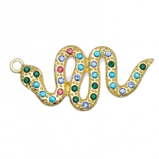 Picture of Zinc Based Alloy Micro Pave Pendants Gold Plated Snake Animal Multicolor Rhinestone 3.8cm x 1.7cm, 5 PCs
