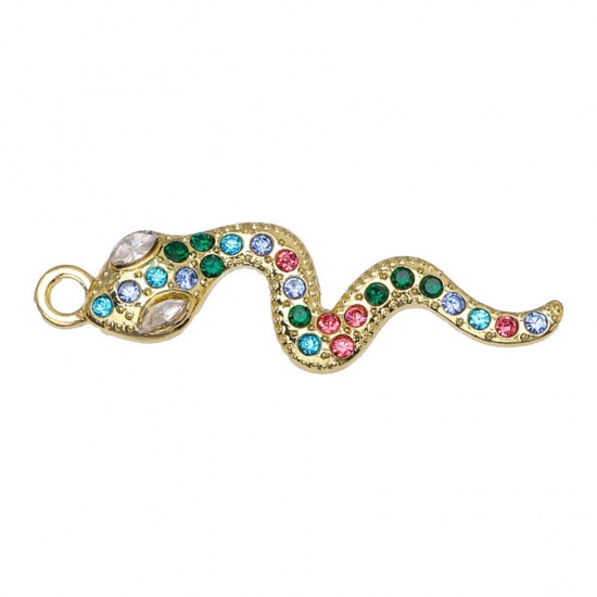 Picture of Zinc Based Alloy Micro Pave Pendants Gold Plated Snake Animal Multicolor Rhinestone 3.9cm x 1.1cm, 5 PCs