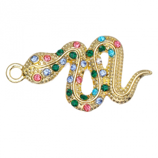 Picture of Zinc Based Alloy Micro Pave Pendants Gold Plated Snake Animal Multicolor Rhinestone 3.4cm x 1.9cm, 5 PCs