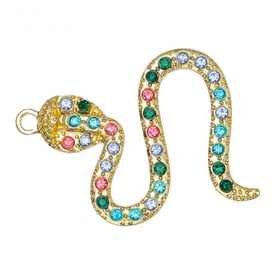 Picture of Zinc Based Alloy Micro Pave Pendants Gold Plated Snake Animal Multicolor Rhinestone 3.6cm x 2.6cm, 5 PCs