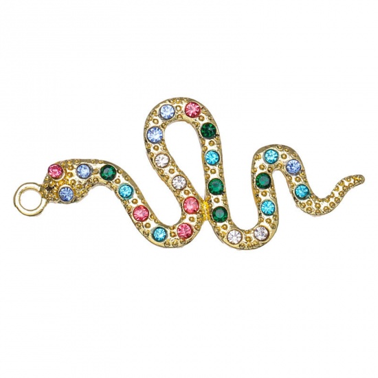 Picture of Zinc Based Alloy Micro Pave Pendants Gold Plated Snake Animal Multicolor Rhinestone 3.9cm x 1.8cm, 5 PCs
