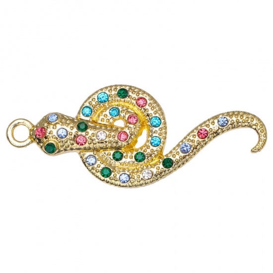 Picture of Zinc Based Alloy Micro Pave Pendants Gold Plated Snake Animal Multicolor Rhinestone 4.2cm x 1.7cm, 5 PCs