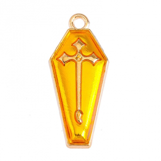 Picture of Zinc Based Alloy Charms Gold Plated Yellow Cross Halloween Tombstone Enamel 26mm x 12mm, 10 PCs