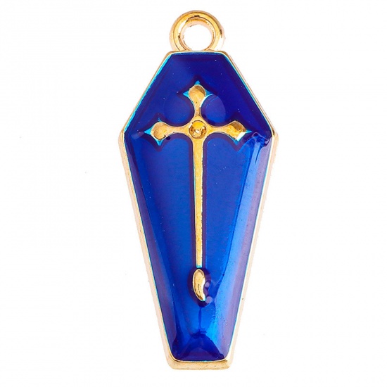 Picture of Zinc Based Alloy Charms Gold Plated Blue Cross Halloween Tombstone Enamel 26mm x 12mm, 10 PCs