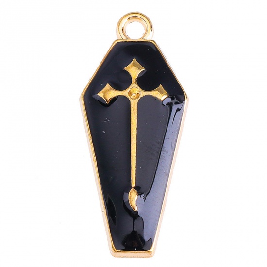 Picture of Zinc Based Alloy Charms Gold Plated Black Cross Halloween Tombstone Enamel 26mm x 12mm, 10 PCs