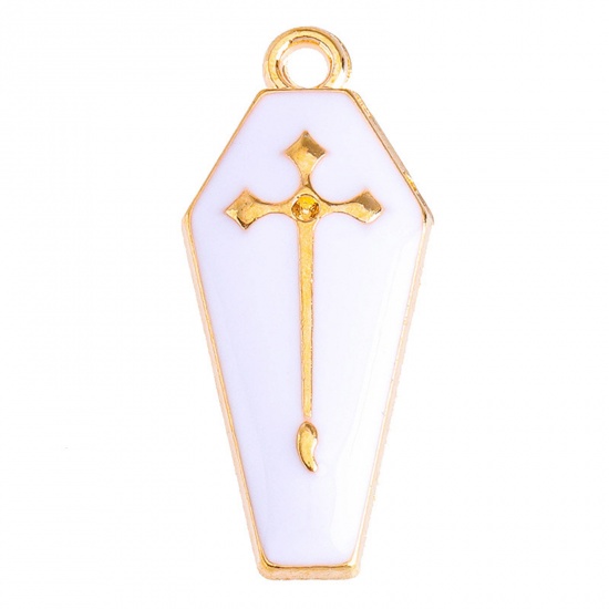 Picture of Zinc Based Alloy Charms Gold Plated White Cross Halloween Tombstone Enamel 26mm x 12mm, 10 PCs