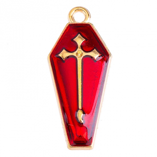 Picture of Zinc Based Alloy Charms Gold Plated Red Cross Halloween Tombstone Enamel 26mm x 12mm, 10 PCs