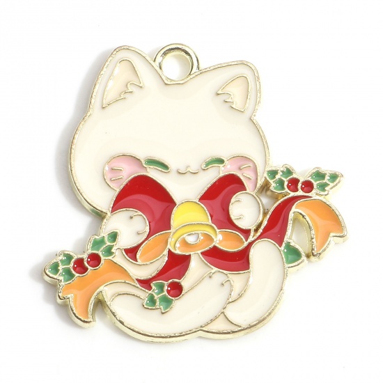 Picture of Zinc Based Alloy Christmas Charms Gold Plated Multicolor Cat Animal Bell Enamel 26mm x 26mm, 10 PCs
