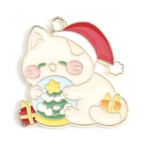 Picture of Zinc Based Alloy Christmas Charms Gold Plated Multicolor Cat Animal Christmas Hats Enamel 27mm x 26mm, 10 PCs