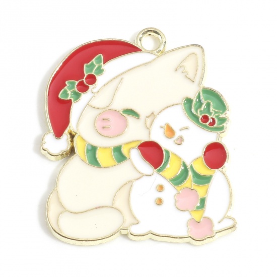 Picture of Zinc Based Alloy Christmas Charms Gold Plated Multicolor Cat Animal Christmas Snowman Enamel 3cm x 2.5cm, 10 PCs