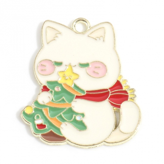 Picture of Zinc Based Alloy Christmas Charms Gold Plated Multicolor Cat Animal Christmas Tree Enamel 29mm x 26mm, 10 PCs