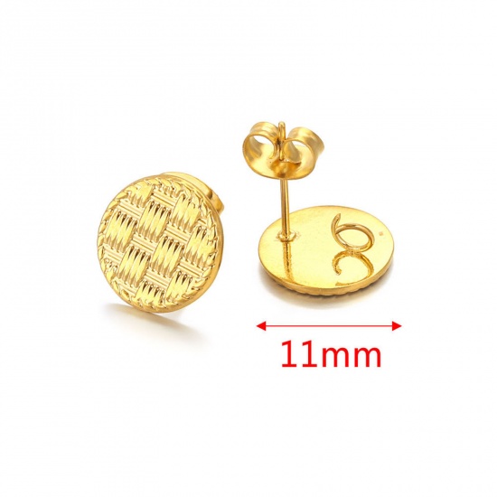 Picture of 304 Stainless Steel Ear Post Stud Earring With Loop Connector Accessories Round 18K Gold Color Weave Textured 11mm Dia., Post/ Wire Size: (21 gauge), 1 Piece