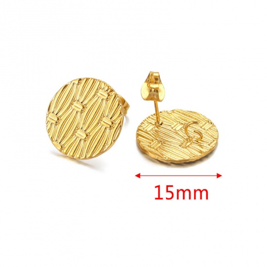 Picture of 304 Stainless Steel Ear Post Stud Earring With Loop Connector Accessories Round 18K Gold Color Weave Textured 15mm Dia., Post/ Wire Size: (21 gauge), 2 PCs