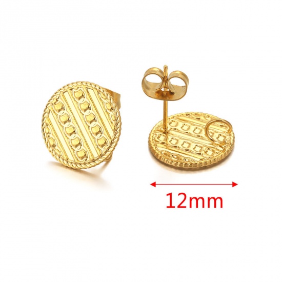 Picture of 304 Stainless Steel Ear Post Stud Earring With Loop Connector Accessories Round 18K Gold Color Weave Textured 12mm Dia., Post/ Wire Size: (21 gauge), 2 PCs