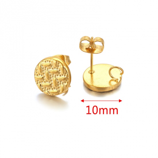 Picture of 304 Stainless Steel Ear Post Stud Earring With Loop Connector Accessories Round 18K Gold Color Weave Textured 10mm Dia., Post/ Wire Size: (21 gauge), 2 PCs