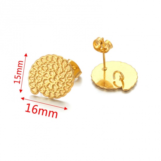 Picture of 304 Stainless Steel Ear Post Stud Earring With Loop Connector Accessories Round 18K Gold Color Weave Textured 16mm Dia., Post/ Wire Size: (21 gauge), 2 PCs