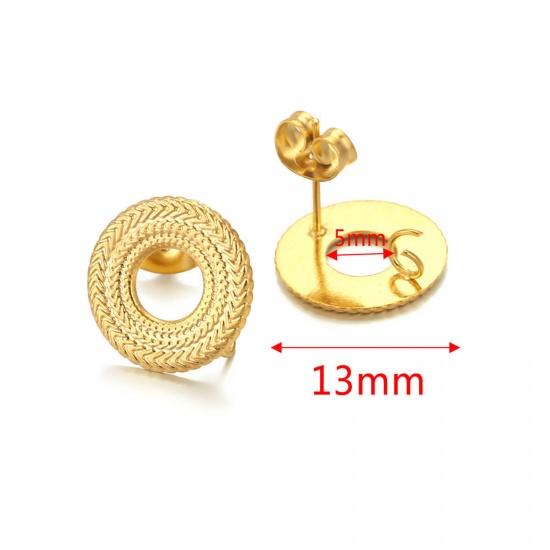Picture of 304 Stainless Steel Ear Post Stud Earring With Loop Connector Accessories Round 18K Gold Color Weave Textured 13mm Dia., Post/ Wire Size: (21 gauge), 2 PCs
