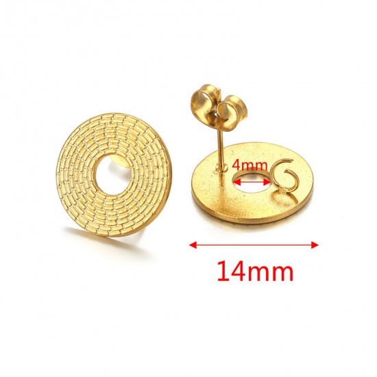 Picture of 304 Stainless Steel Ear Post Stud Earring With Loop Connector Accessories Round 18K Gold Color Weave Textured 14mm Dia., Post/ Wire Size: (21 gauge), 2 PCs