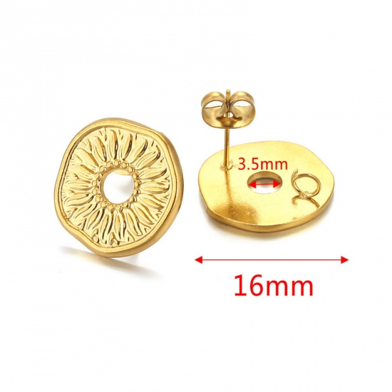 Picture of 304 Stainless Steel Ear Post Stud Earring With Loop Connector Accessories Round 18K Gold Color Weave Textured 16mm Dia., Post/ Wire Size: (21 gauge), 2 PCs