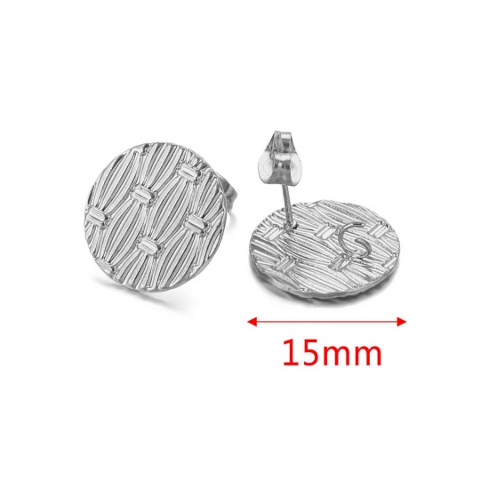 Picture of 304 Stainless Steel Ear Post Stud Earring With Loop Connector Accessories Round Silver Tone Weave Textured 15mm Dia., Post/ Wire Size: (21 gauge), 2 PCs