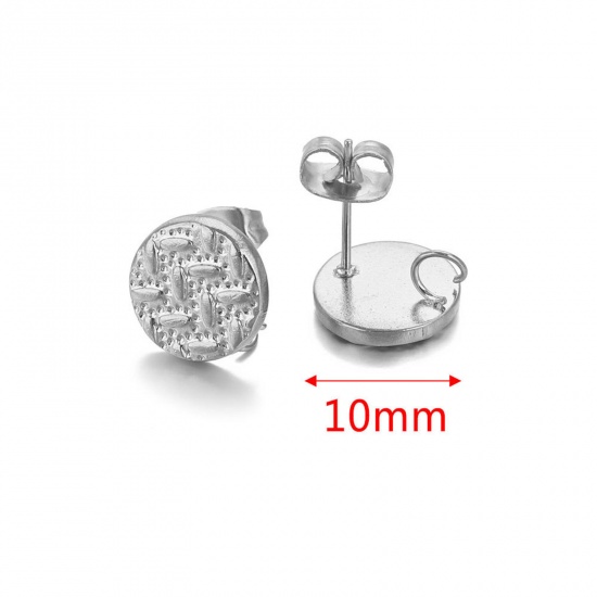 Picture of 304 Stainless Steel Ear Post Stud Earring With Loop Connector Accessories Round Silver Tone Weave Textured 10mm Dia., Post/ Wire Size: (21 gauge), 2 PCs