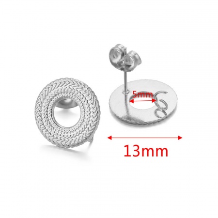 Imagen de 304 Acero Inoxidable Arete de Poste de Oreja con Accesorios de Conector de Bucle Ronda Tono de Plata Tejido con Textura 13mm Diámetro, Post/ Wire Size: (21 gauge), 2 Unidades
