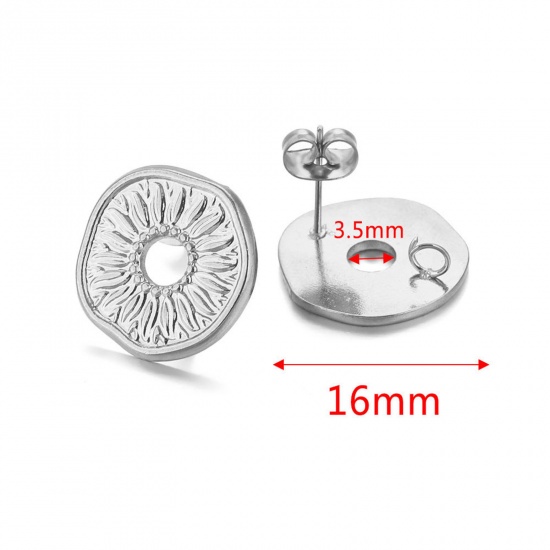 Picture of 304 Stainless Steel Ear Post Stud Earring With Loop Connector Accessories Round Silver Tone Weave Textured 16mm Dia., Post/ Wire Size: (21 gauge), 2 PCs