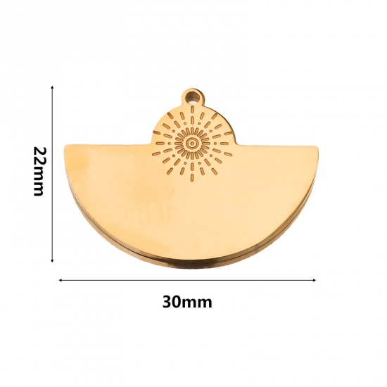 Picture of 2 PCs 304 Stainless Steel Boho Chic Bohemia Charms 18K Gold Plated Fan-shaped 30mm x 22mm