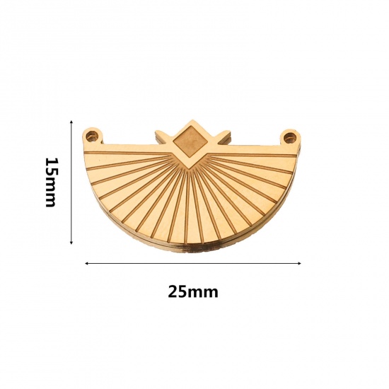 Picture of 2 PCs 304 Stainless Steel Boho Chic Bohemia Connectors Charms Pendants 18K Gold Plated Fan-shaped 25mm x 15mm