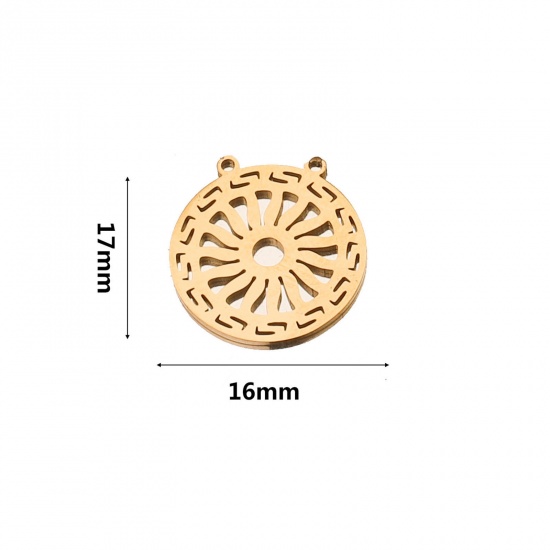 Picture of 2 PCs 304 Stainless Steel Boho Chic Bohemia Connectors Charms Pendants 18K Gold Plated Round Hollow 17mm x 16mm