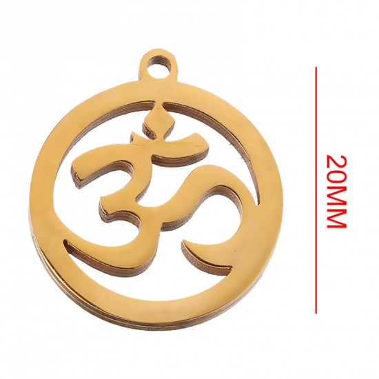 Image de 2 Pcs Breloques en 304 Acier Inoxydable Religieux Yoga Plaqué Or 18K Symbole OM/ Aum Creux 20mm Dia.