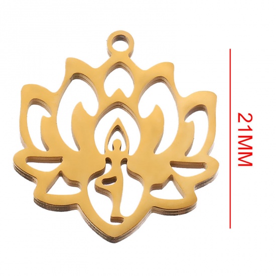 Image de 2 Pcs Breloques en 304 Acier Inoxydable Religieux Yoga Plaqué Or 18K Fleur de Lotus Creux 21mm Dia.