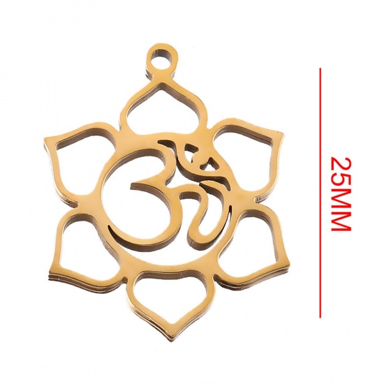 Image de 2 Pcs Breloques en 304 Acier Inoxydable Religieux Yoga Plaqué Or 18K Symbole OM/ Aum Creux 25mm Dia.