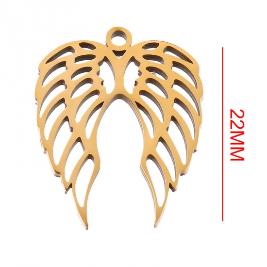 Image de 2 Pcs Breloques en 304 Acier Inoxydable Religieux Yoga Plaqué Or 18K Ailes Creux 22mm Dia.