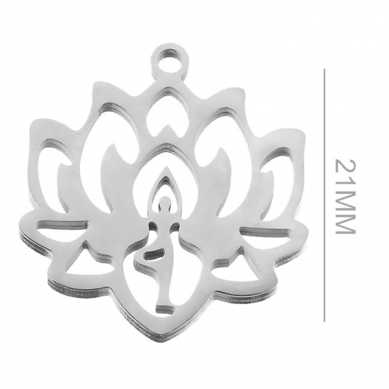 Image de Breloques en 304 Acier Inoxydable Religieux Yoga Argent Mat Fleur de Lotus Creux 21mm Dia., 2 Pcs