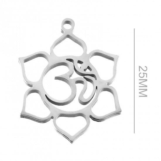 Image de Breloques en 304 Acier Inoxydable Religieux Yoga Argent Mat Symbole OM/ Aum Creux 25mm Dia., 2 Pcs