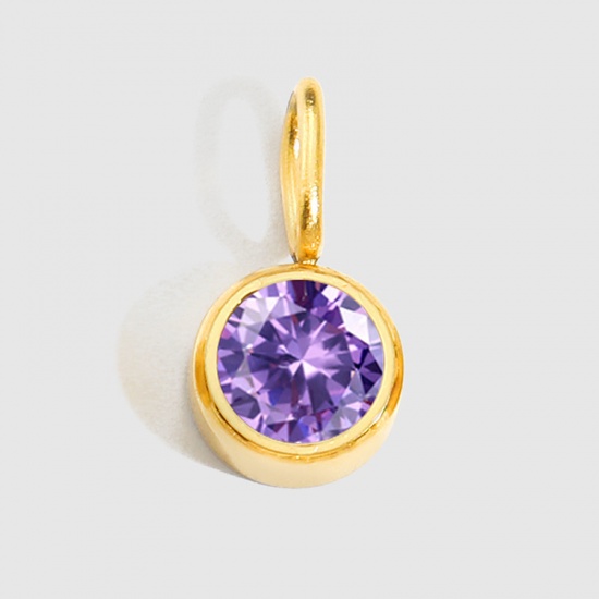 Picture of 1 Piece Eco-friendly PVD Vacuum Plating 316 Stainless Steel Birthstone Charms 14K Gold Plated Round February Violet Rhinestone 8mm Dia.