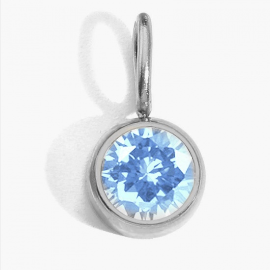 Picture of 316 Stainless Steel Birthstone Charms Silver Tone Round March Light Blue Rhinestone 8mm Dia., 1 Piece