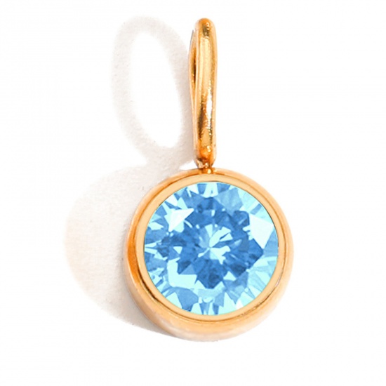 Picture of 1 Piece Eco-friendly PVD Vacuum Plating 316 Stainless Steel Birthstone Charms 14K Gold Plated Round March Light Blue Rhinestone 8mm Dia.