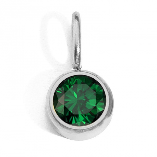 Picture of 316 Stainless Steel Birthstone Charms Silver Tone Round May Green Rhinestone 8mm Dia., 1 Piece