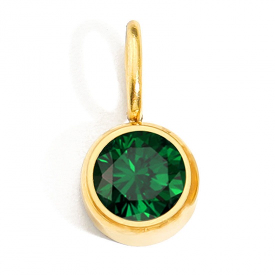 Picture of 1 Piece Eco-friendly PVD Vacuum Plating 316 Stainless Steel Birthstone Charms 14K Gold Plated Round May Green Rhinestone 8mm Dia.