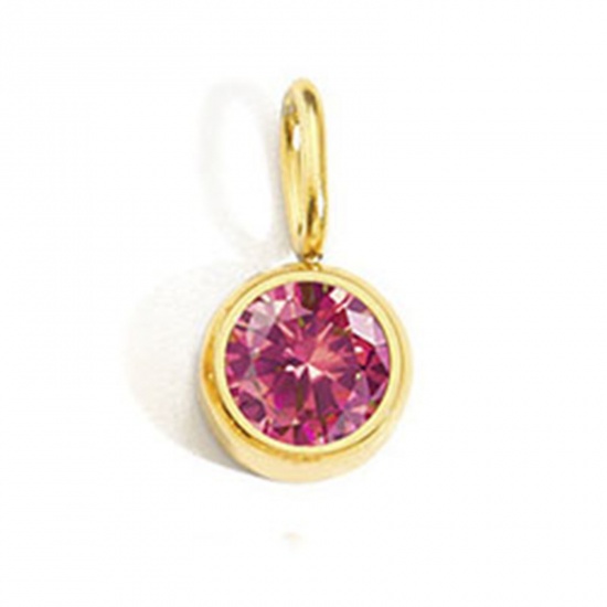 Picture of 1 Piece Eco-friendly PVD Vacuum Plating 316 Stainless Steel Birthstone Charms 14K Gold Plated Round July Fuchsia Rhinestone 8mm Dia.