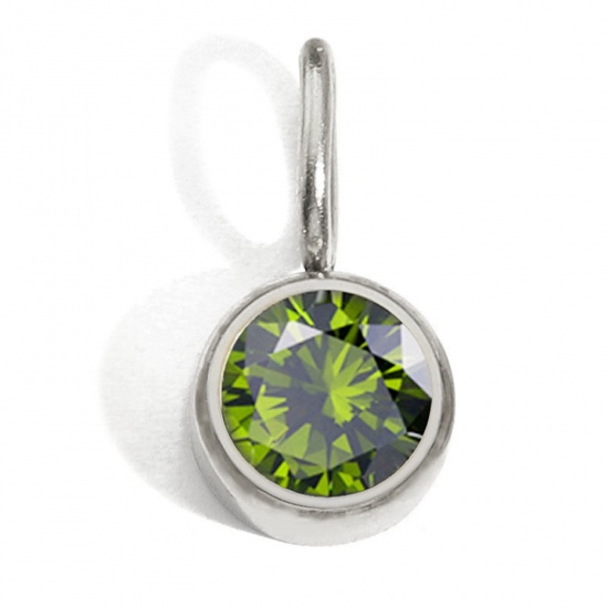 Picture of 316 Stainless Steel Birthstone Charms Silver Tone Round August Light Green Rhinestone 8mm Dia., 1 Piece