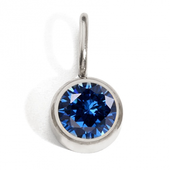 Picture of 316 Stainless Steel Birthstone Charms Silver Tone Round September Royal Blue Rhinestone 8mm Dia., 1 Piece