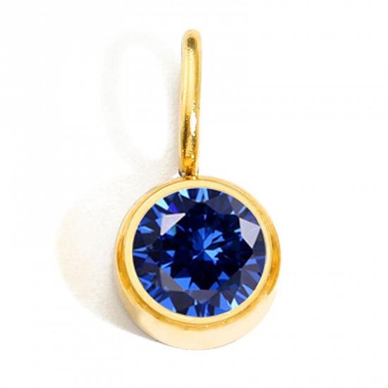 Picture of 1 Piece Eco-friendly PVD Vacuum Plating 316 Stainless Steel Birthstone Charms 14K Gold Plated Round September Royal Blue Rhinestone 8mm Dia.